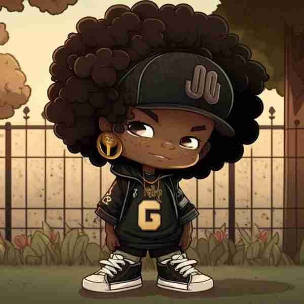 Cute cartoon kid with afro, wearing a cap and streetwear, stands in a garden with a confident expression.