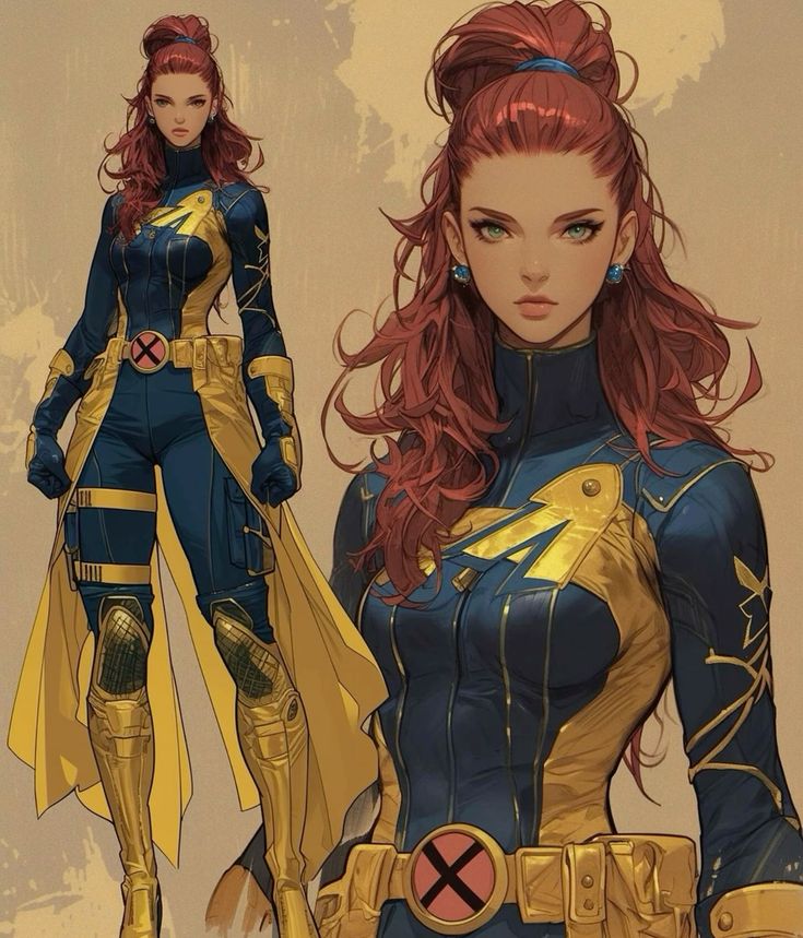 Illustration of a superhero in blue and yellow costume with long red hair and gloves, standing confidently.