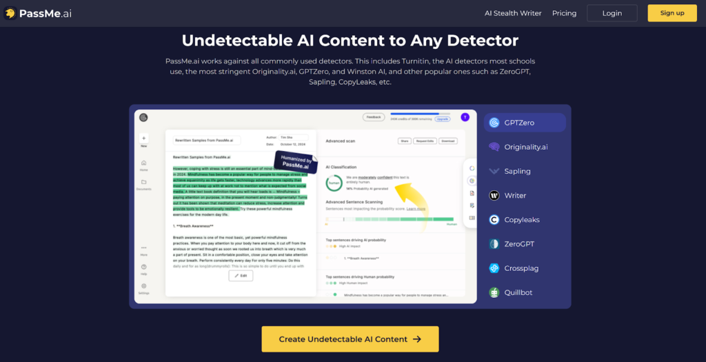 PassMe.ai interface showcasing AI content detection features and supported platforms.