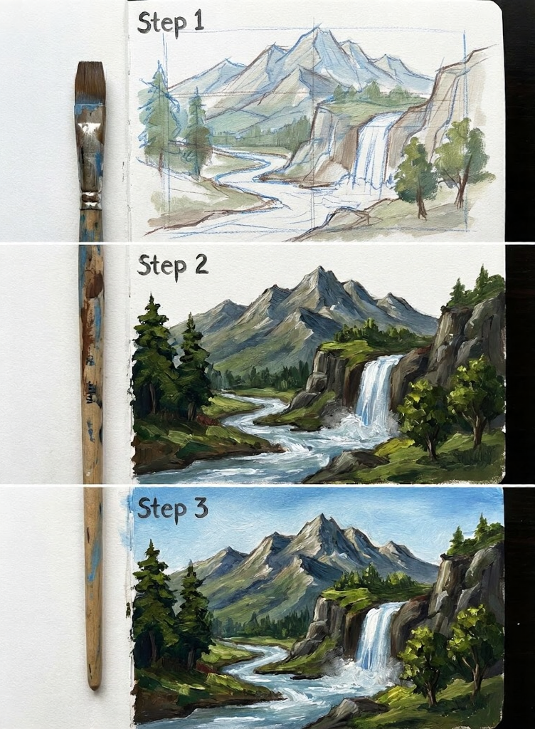 unnamed - 2026-02-15T134719964 Three-step painting tutorial of a mountain landscape with river and waterfall on a sketchbook page, paintbrush shown at left. | Sky Rye Design Three-step painting tutorial of a mountain landscape with river and waterfall on a sketchbook page, paintbrush shown at left.