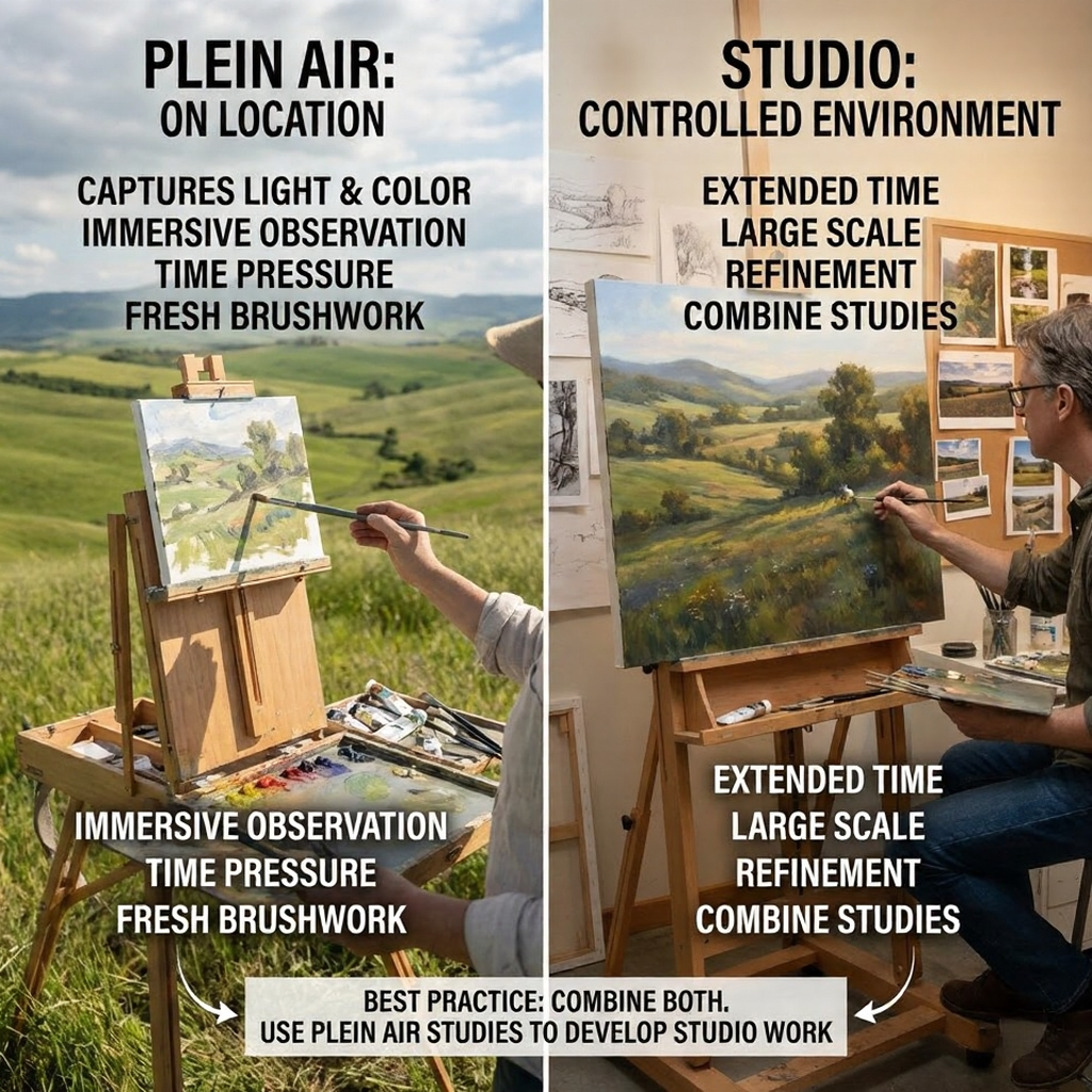 unnamed - 2026-02-15T134838145 1 Split image: plein air landscape painting outdoors capturing light & color vs studio painting in controlled environment for refined studio work | Sky Rye Design Split image: plein air landscape painting outdoors capturing light & color vs studio painting in controlled environment for refined studio work