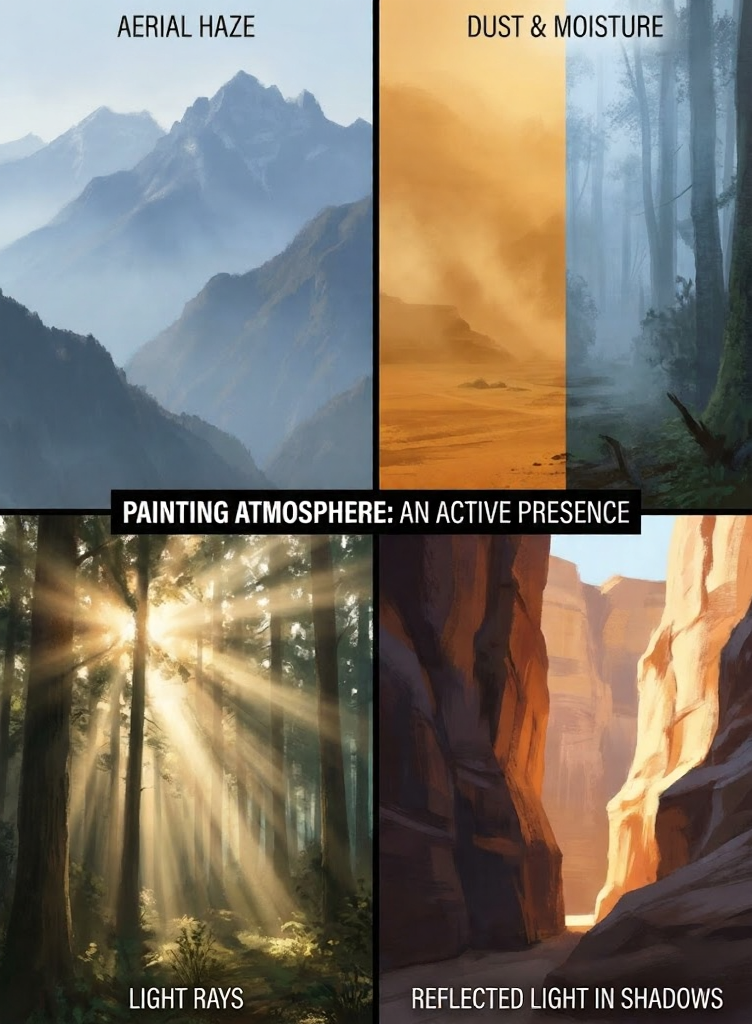 unnamed - 2026-02-15T135148338 Four-panel landscape illustrating atmospheric effects for painting: aerial haze, dust & moisture, light rays, and reflected light in shadows. | Sky Rye Design Four-panel landscape illustrating atmospheric effects for painting: aerial haze, dust & moisture, light rays, and reflected light in shadows.