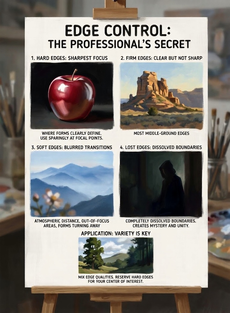unnamed - 2026-02-15T140133372 Instructional painting poster Edge Control: The Professional's Secret illustrating hard, firm, soft, and lost edges with example paintings (apple, rock, mountains, silhouette). | Sky Rye Design Instructional painting poster Edge Control: The Professional's Secret illustrating hard, firm, soft, and lost edges with example paintings (apple, rock, mountains, silhouette).
