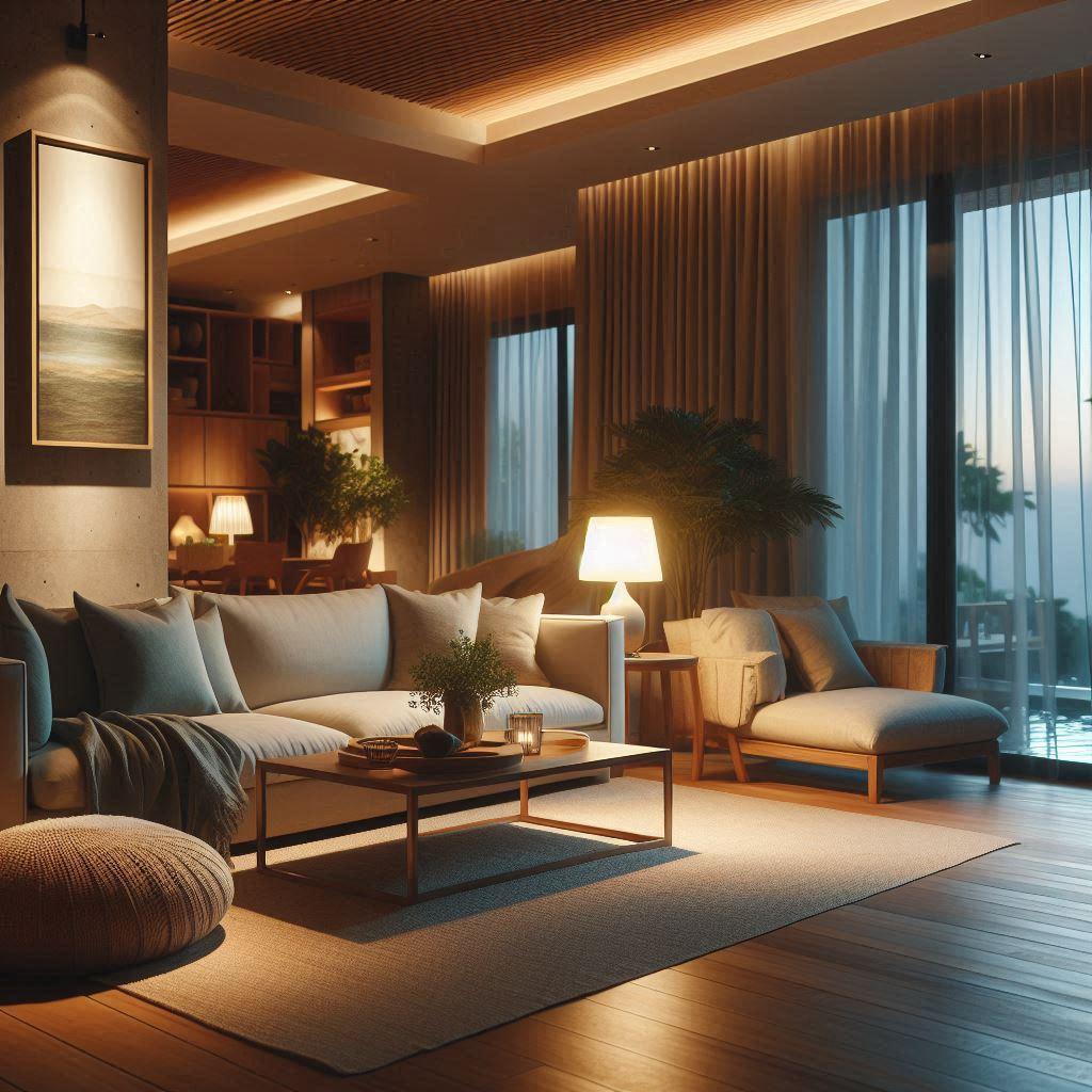 Modern living room with cozy seating, soft lighting, and large windows overlooking a serene outdoor view at dusk.