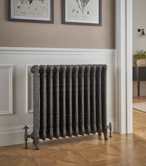 Vintage cast iron radiator in elegant living room with wood flooring and framed art decor.