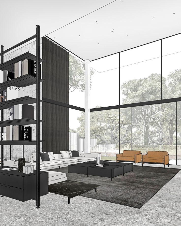 Modern living room with large windows, sleek furniture, and outdoor view. Stylish interior design with open space.