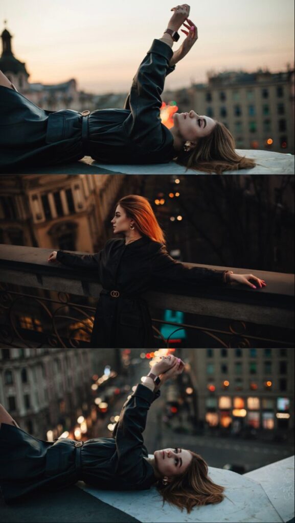 Woman in a leather coat posing on a rooftop at sunset, city lights glowing in the background.