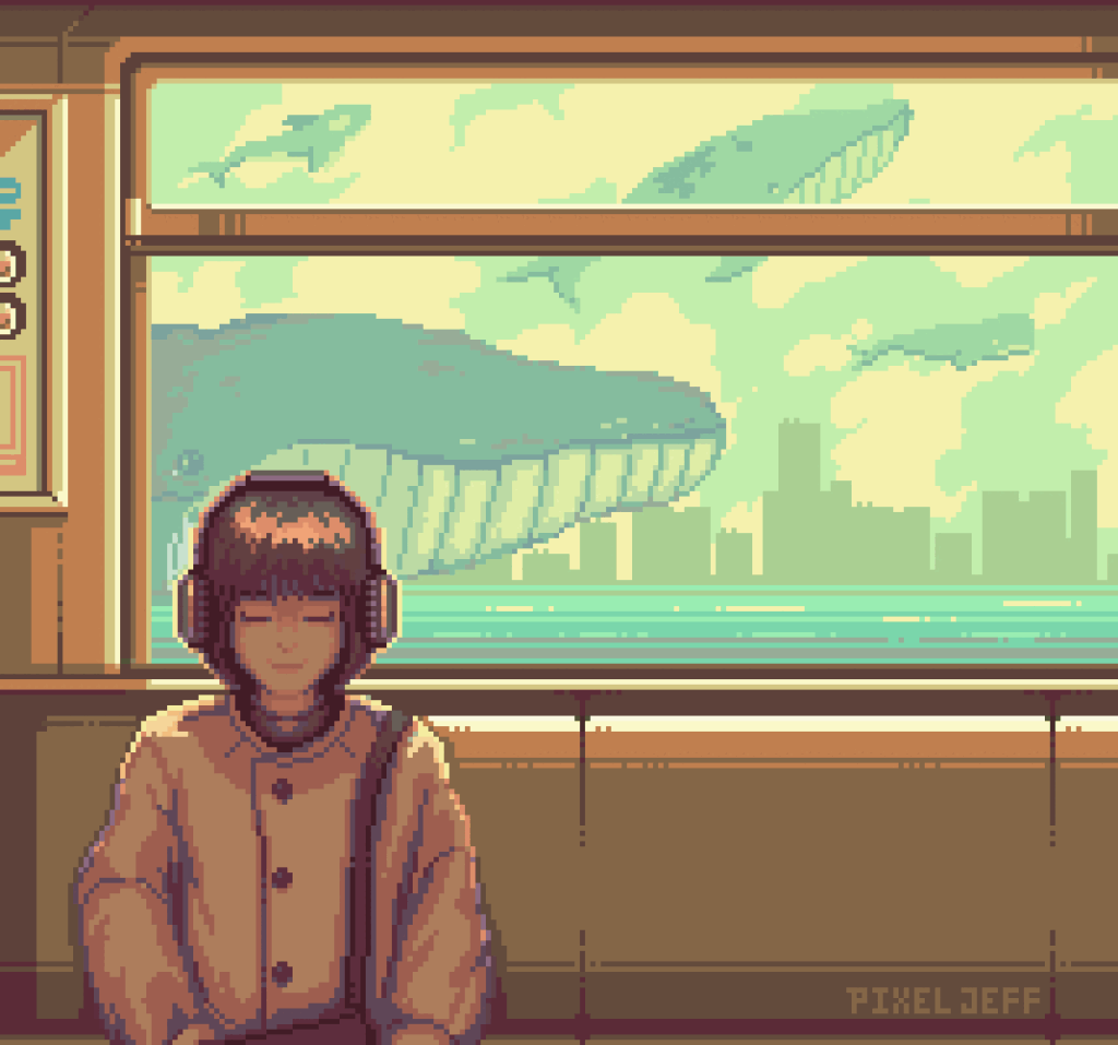 Pixel art of a person with headphones on a train, with flying whales in the sky outside the window.