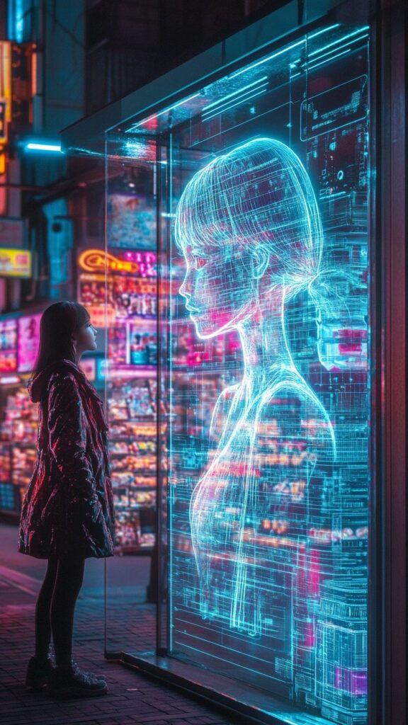 Young woman gazing at a futuristic digital hologram in a neon-lit cityscape.