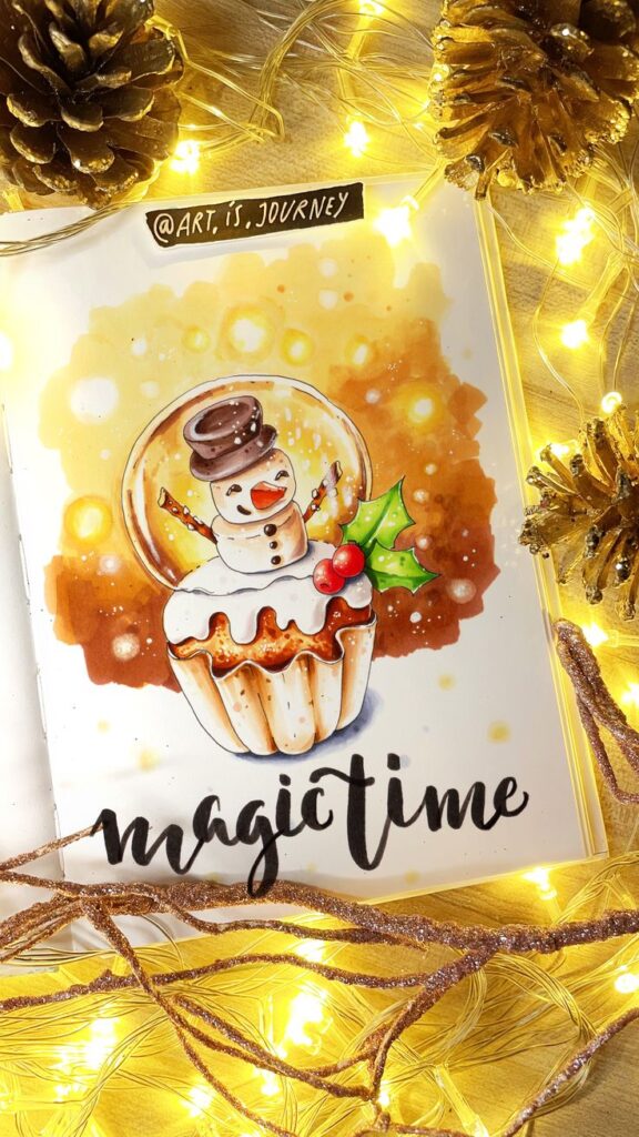 Festive card with snowman cupcake, holiday lights, and pine cones. Text: magic time. Cozy Christmas vibe.