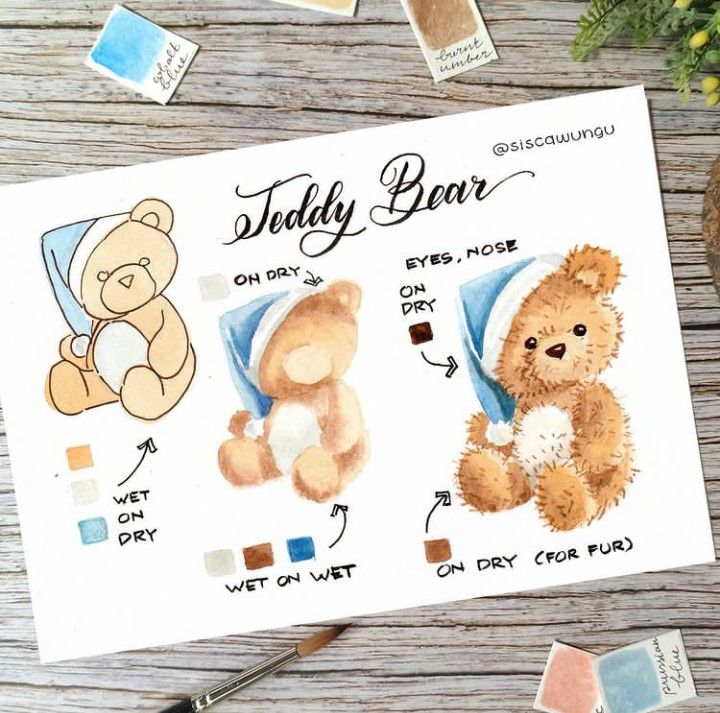 Watercolor teddy bear illustrations showing various painting techniques for fur and details.