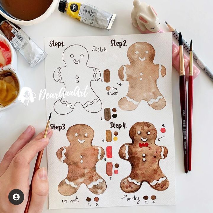 Watercolor gingerbread man tutorial showing four painting steps with brushes and paint tubes.