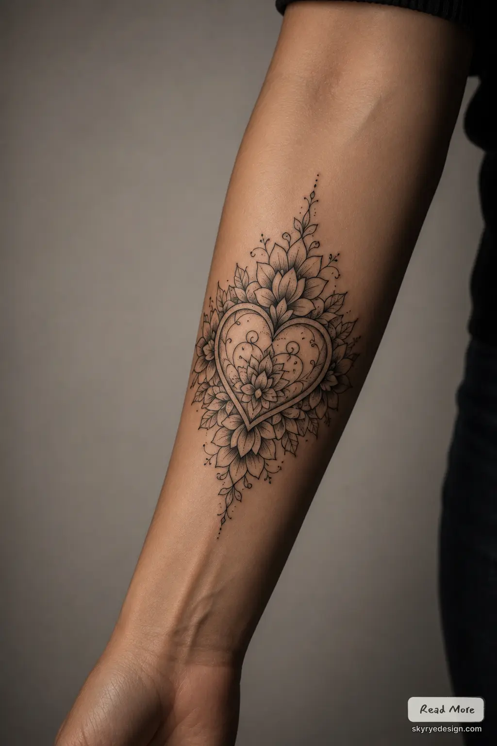 Floral Heart Mandala Black-ink heart mandala tattoo design with lotus flowers and ornamental vines on inner forearm | Sky Rye Design Black-ink heart mandala tattoo design with lotus flowers and ornamental vines on inner forearm