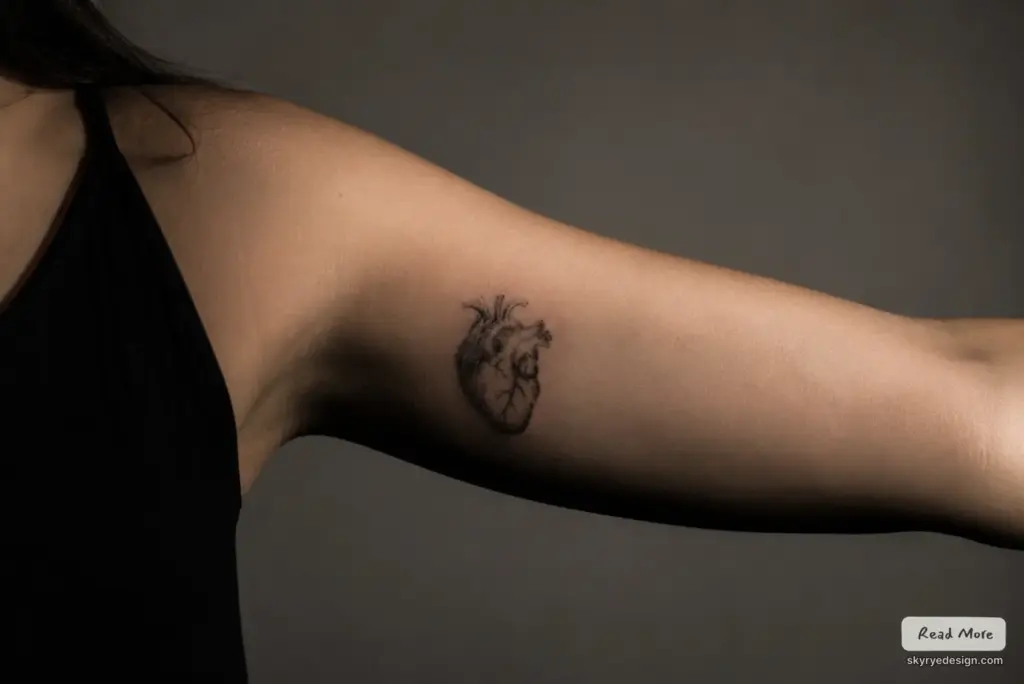 30fe1472-a097-4bcd-a00b-19cd206433ca Close-up of inner upper arm featuring a small black anatomical heart tattoo on smooth skin | Sky Rye Design Close-up of inner upper arm featuring a small black anatomical heart tattoo on smooth skin