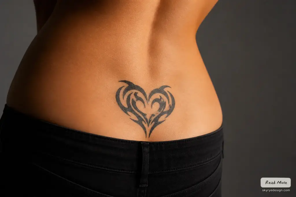 4344242 Lower-back tribal heart tattoo close-up on tanned skin above black jeans | Sky Rye Design Lower-back tribal heart tattoo close-up on tanned skin above black jeans