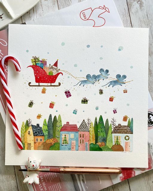 Festive illustration of mice pulling a sleigh with gifts over colorful houses and a candy cane.