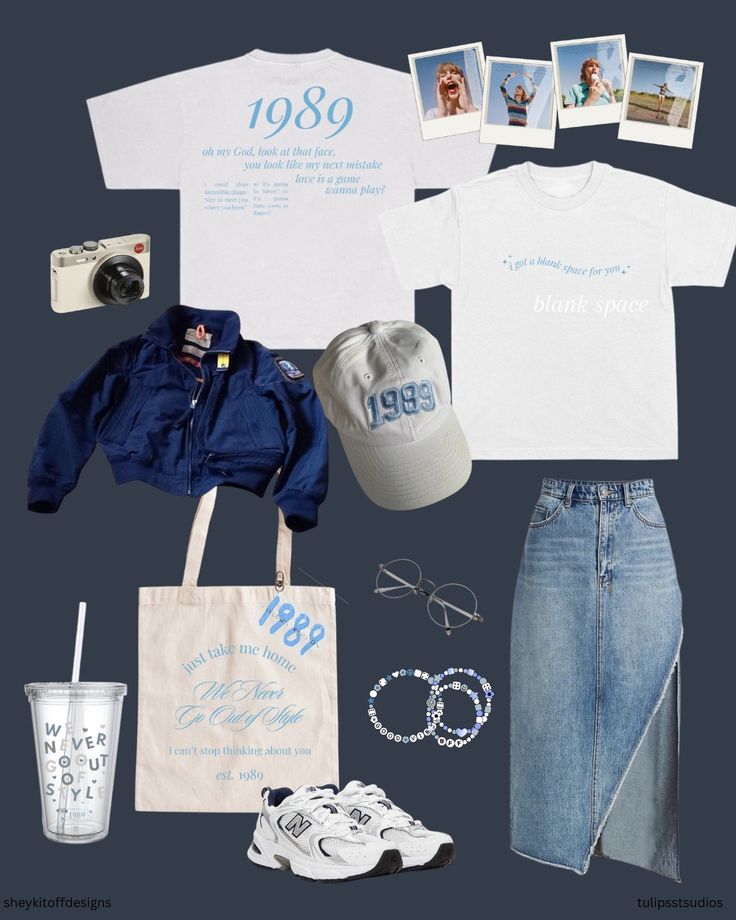 Vintage 1989-themed fashion items: t-shirts, cap, camera, photos, jacket, tote, sneakers, denim skirt, and accessories.