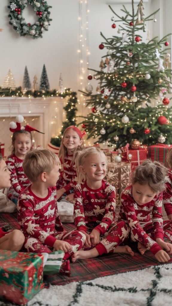 Kids in festive pajamas enjoy Christmas under the tree with gifts and decorations in cozy living room.