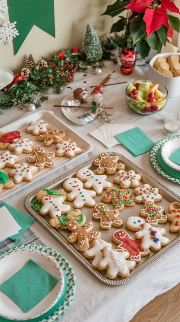 Festive holiday cookies decorated on a table with fruit and Christmas decor for a cheerful celebration.