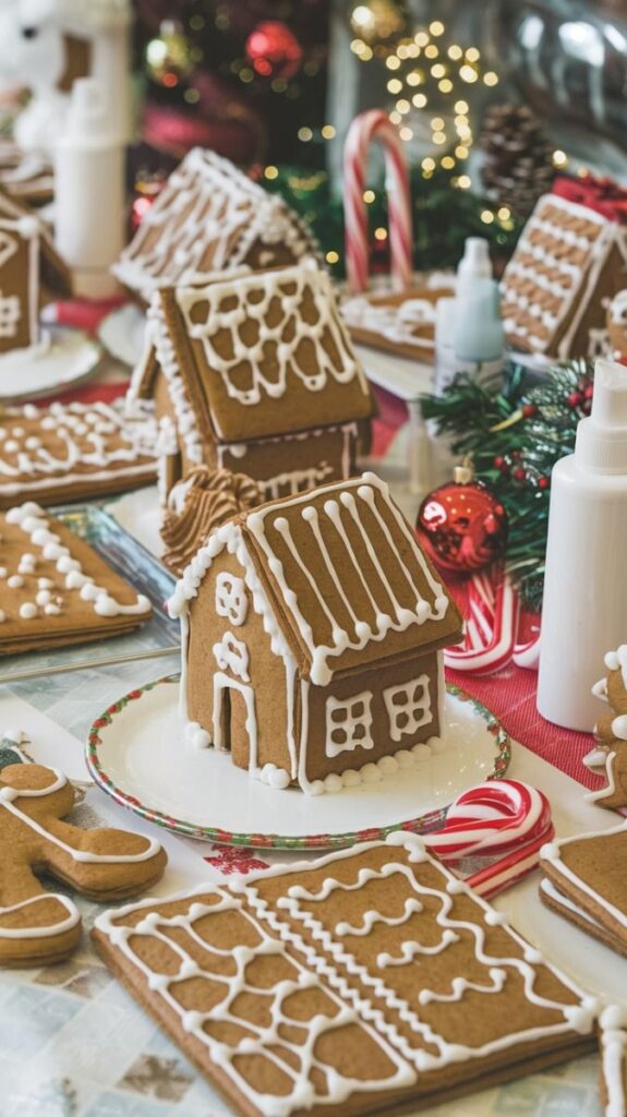 Gingerbread house with icing details surrounded by festive decorations and candy canes at Christmas.