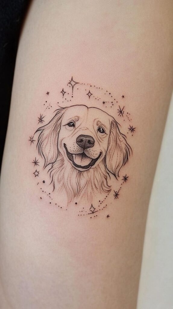 Smiling dog tattoo with stars on arm, showcasing detailed line art and celestial theme.