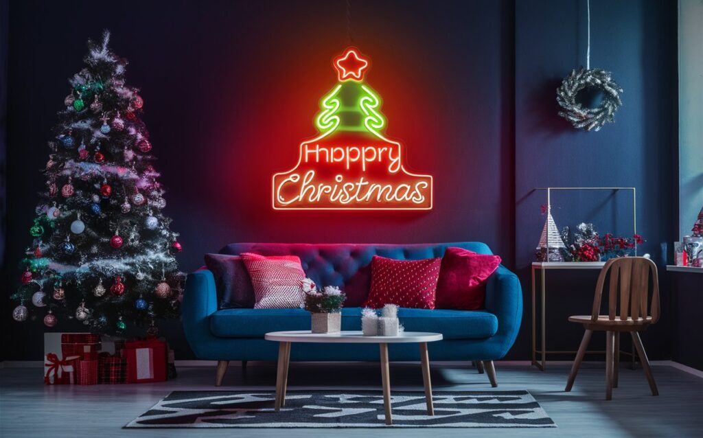 Festive Christmas living room with decorated tree, neon sign, cozy sofa, and holiday decor for a merry celebration.