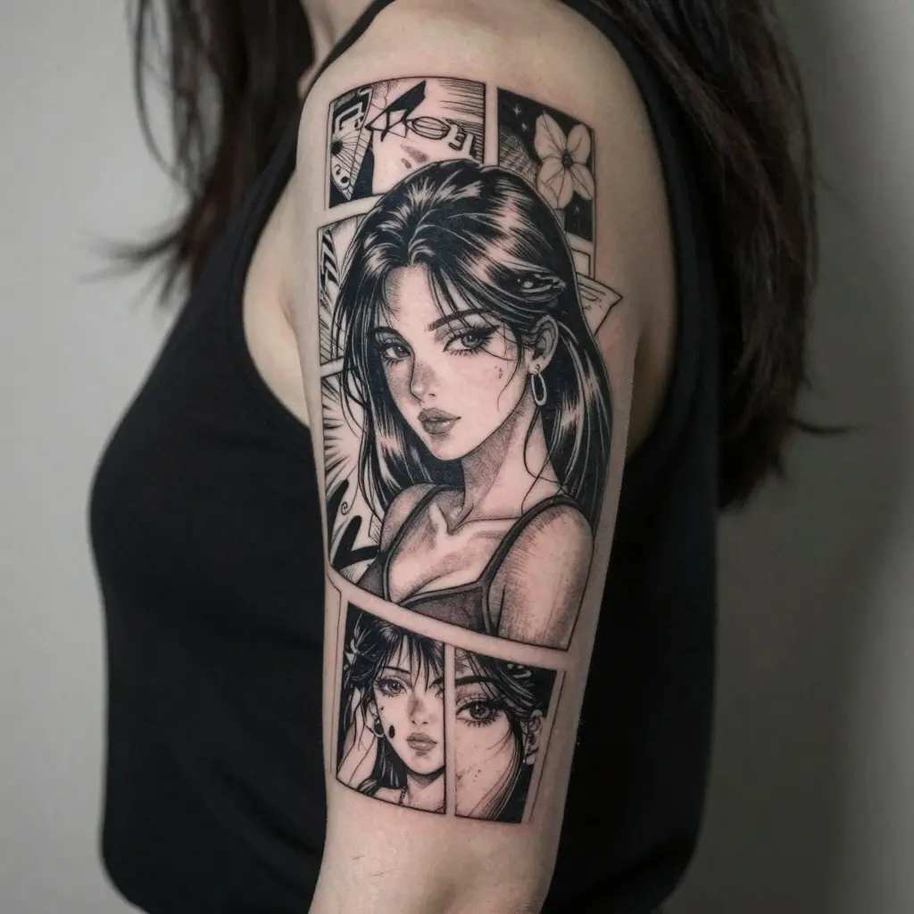 2dbdf63359e14157be93a65c6eeb6817 Black-and-gray manga-style female portrait tattoo in comic panel layout on upper arm, detailed linework and shading, anime-inspired design. | Sky Rye Design Black-and-gray manga-style female portrait tattoo in comic panel layout on upper arm, detailed linework and shading, anime-inspired design.