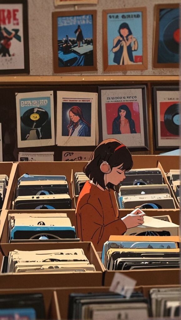 Person browsing vinyl records in a cozy music store with vintage posters and record covers.