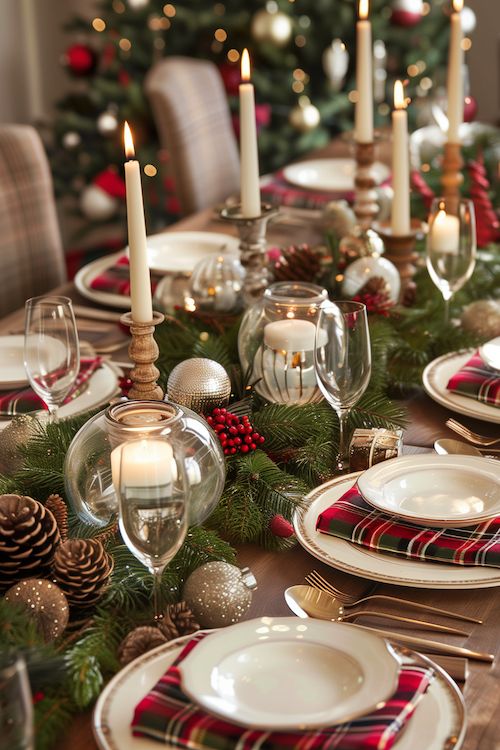 Festive holiday table setting with candles, evergreen garland, red accents, and elegant dinnerware. Cozy Christmas ambiance.