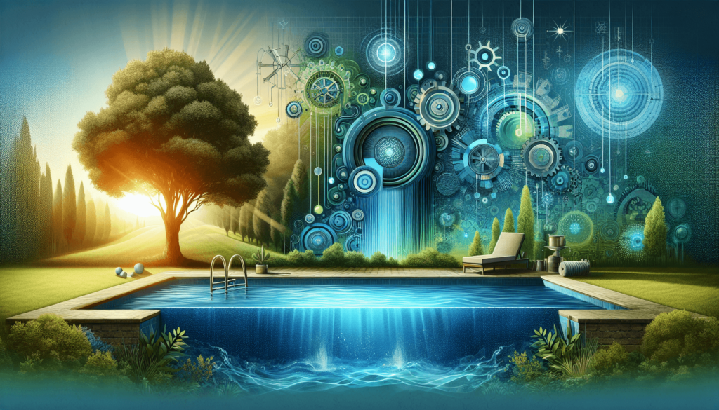 Futuristic poolside scene with abstract, mechanical elements and a tree at sunset, blending nature and technology.