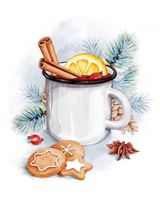 Illustration of a festive mug with cinnamon, orange, and cookies surrounded by pine branches and spices.