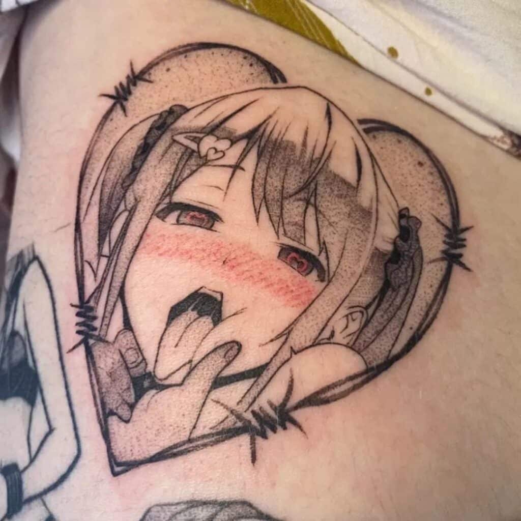 401564282a1b4caa6d5411daacca9786 Anime ahegao tattoo: blushing girl with tongue out framed by barbed heart, black-and-gray linework, dot shading, red eye accents | Sky Rye Design Anime ahegao tattoo: blushing girl with tongue out framed by barbed heart, black-and-gray linework, dot shading, red eye accents