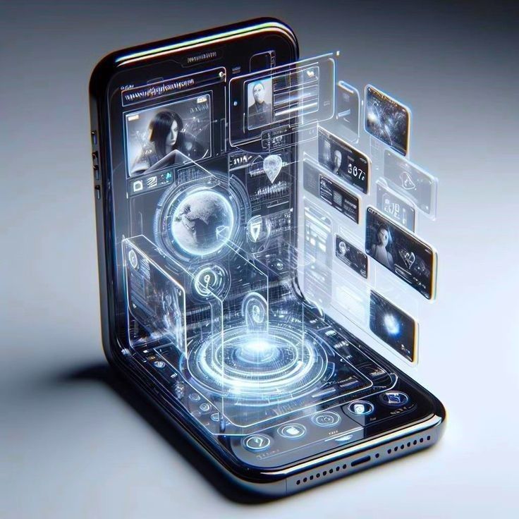 Futuristic holographic interface projected from a smartphone, displaying digital data and technology elements.