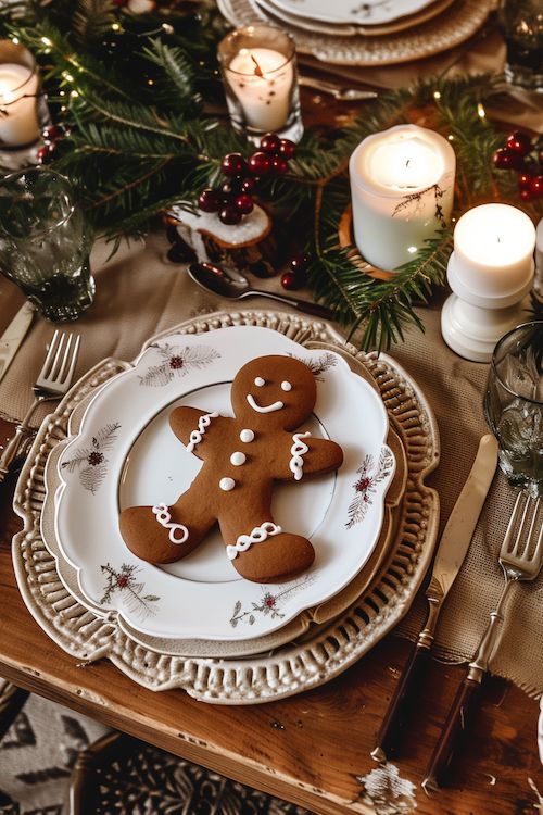 Festive table setting with a gingerbread man cookie on a decorative plate, surrounded by candles and greenery.