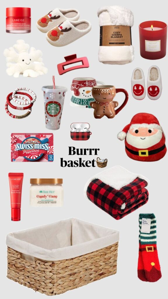 Festive winter gift basket with cozy slippers, mugs, blanket, candle, and holiday treats for a warm and cheerful season.