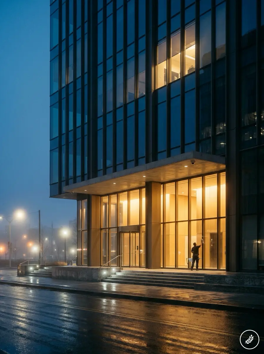 Commercial_office_building_at_dusk_202607211400 Night view of modern glass office building with illuminated lobby, wet street reflections and a worker cleaning the windows. | Sky Rye Design Night view of modern glass office building with illuminated lobby, wet street reflections and a worker cleaning the windows.