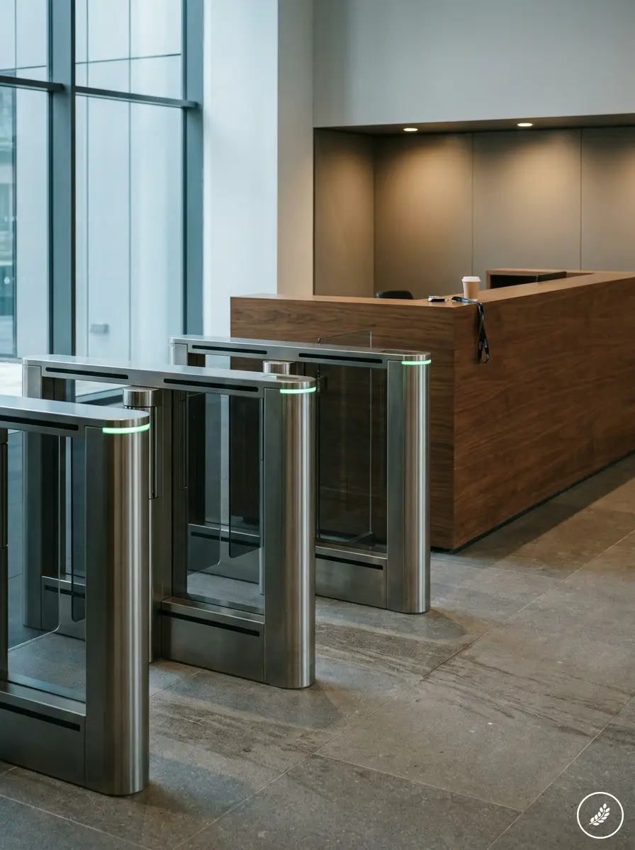 Minimalist_corporate_lobby_recep_202607211401 Modern office lobby with stainless steel glass turnstiles, wooden reception desk and access control gates. | Sky Rye Design Modern office lobby with stainless steel glass turnstiles, wooden reception desk and access control gates.