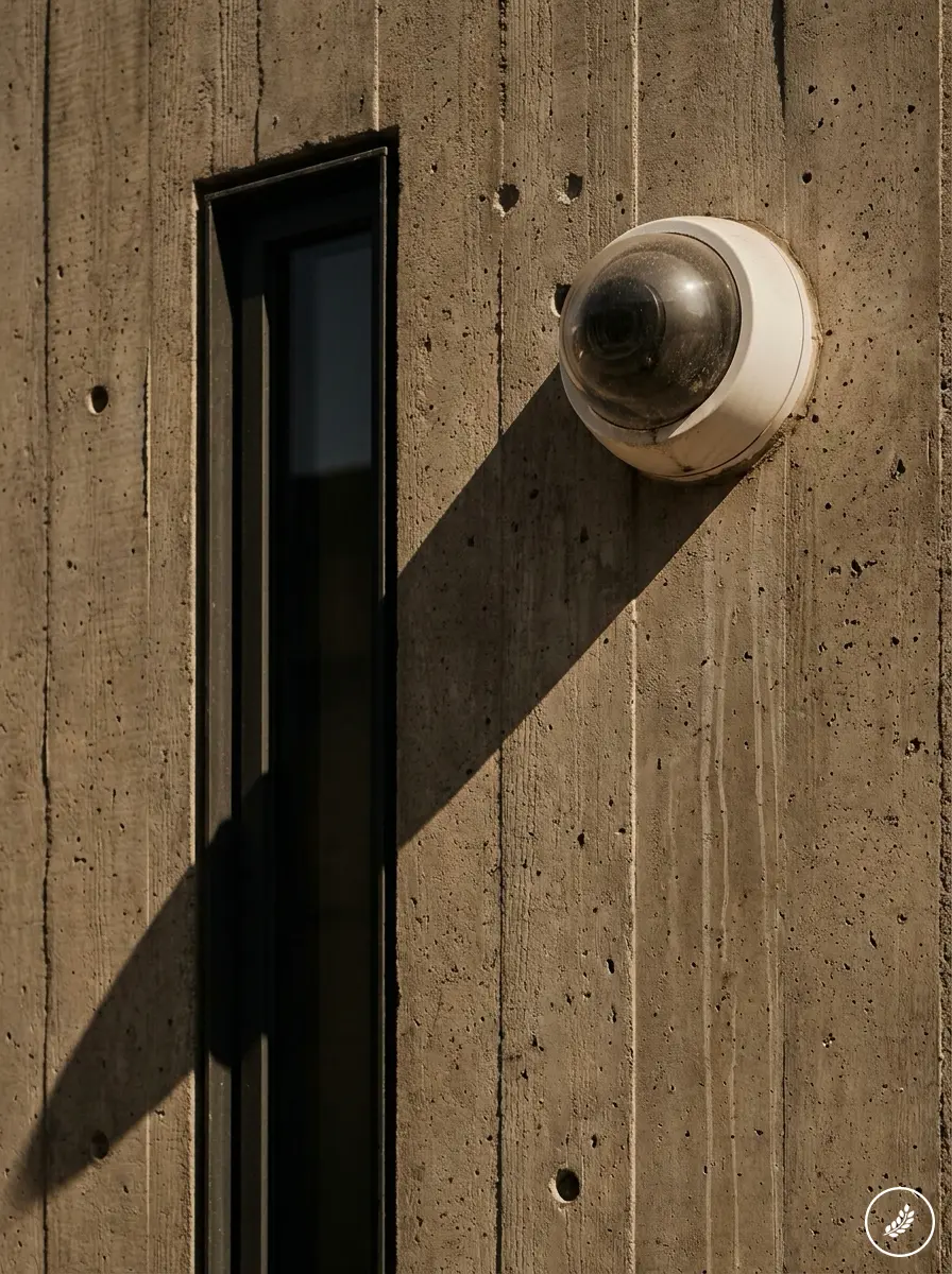 Surveillance_camera_on_concrete__202607211403 Outdoor dome surveillance camera (CCTV) mounted on textured concrete wall beside narrow window, casting long shadow | Sky Rye Design Outdoor dome surveillance camera (CCTV) mounted on textured concrete wall beside narrow window, casting long shadow