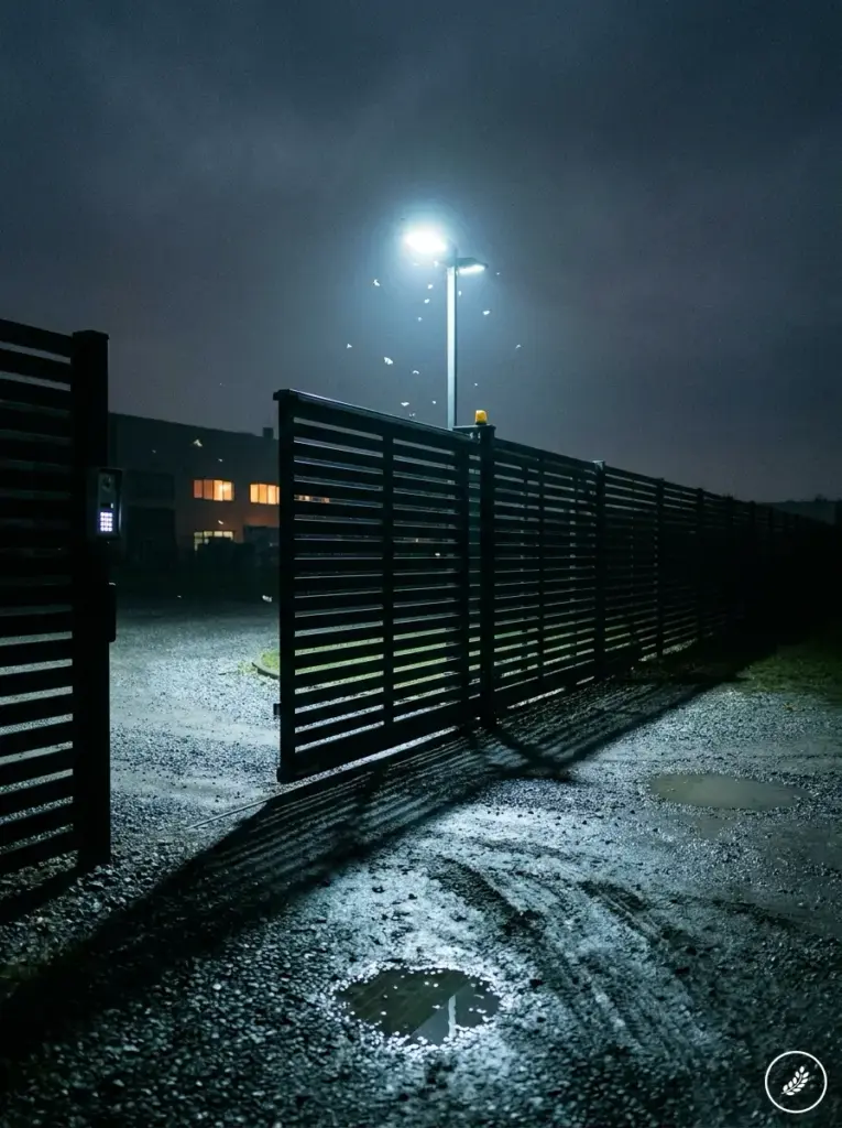 Commercial_site_perimeter_at_night_202607211405 Nighttime industrial security gate lit by floodlight, open metal slats casting shadows on wet gravel and puddles. | Sky Rye Design Nighttime industrial security gate lit by floodlight, open metal slats casting shadows on wet gravel and puddles.