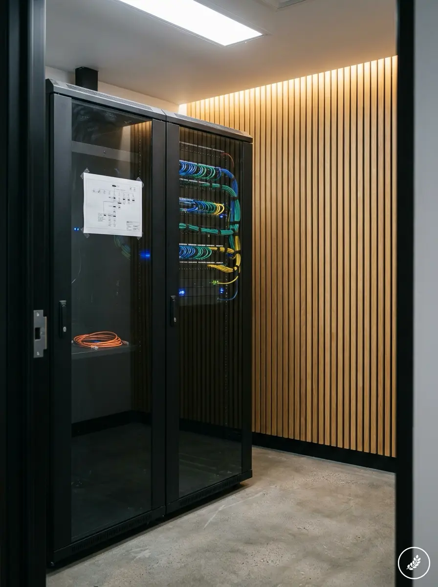 Server_room_with_oak_slats_202607211412 Data center server rack with organized colorful network cables behind glass doors against wood slat wall | Sky Rye Design Data center server rack with organized colorful network cables behind glass doors against wood slat wall