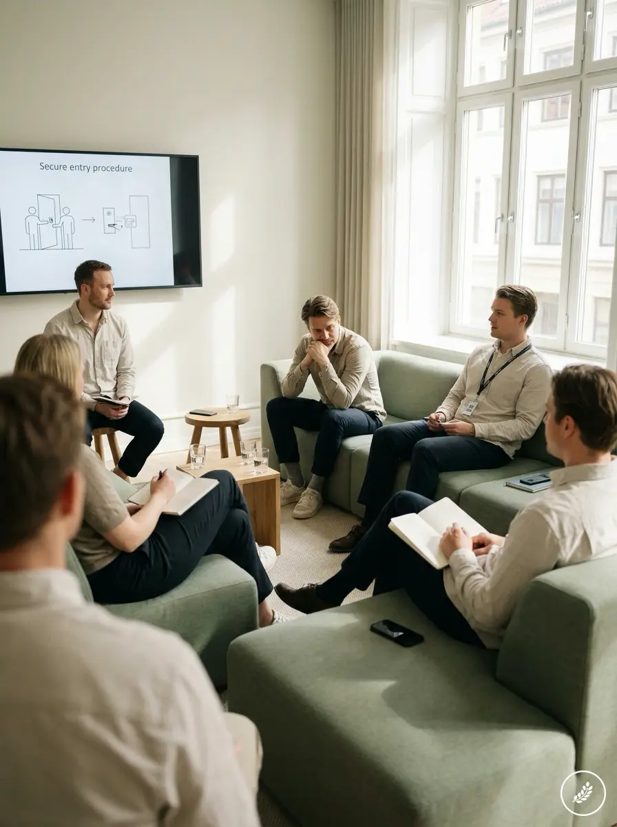 Employees_in_office_lounge_briefing_202607211413 Corporate team in a modern office attending a security procedure presentation and group discussion | Sky Rye Design Corporate team in a modern office attending a security procedure presentation and group discussion