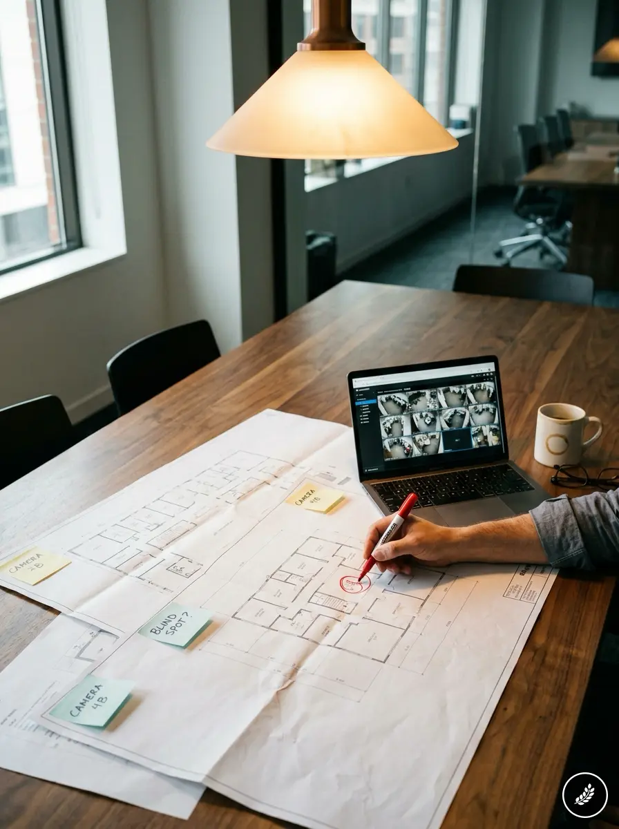 Security_audit_in_meeting_room_202607211413 Office floor plan review: person marking blueprint on table with laptop showing security camera feeds, coffee mug | Sky Rye Design Office floor plan review: person marking blueprint on table with laptop showing security camera feeds, coffee mug
