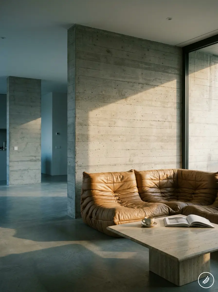 Brutalist_living_room_concrete_w_202607211349 Minimal living room with tan leather sofa, exposed concrete walls, large window, sunlight, coffee table with book and cup. | Sky Rye Design Minimal living room with tan leather sofa, exposed concrete walls, large window, sunlight, coffee table with book and cup.