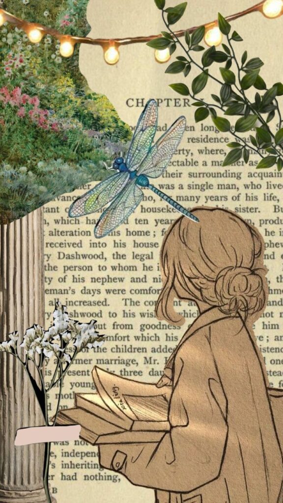 Aesthetic collage with a dragonfly, girl reading, flowers, and vintage text backdrop.