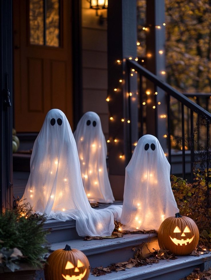 Three illuminated ghost decorations and jack-o'-lanterns on porch steps during Halloween night.