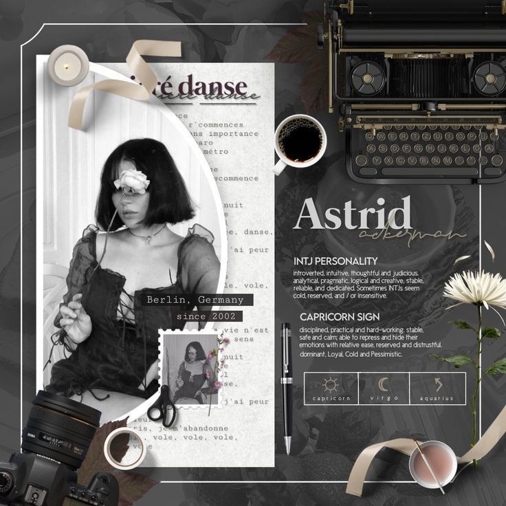 Creative collage featuring a woman, Berlin, typewriter, and horoscope traits; artistic and introspective theme.