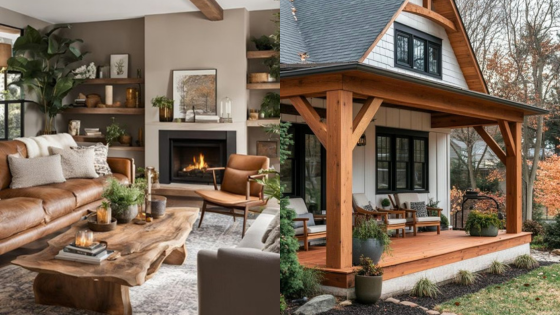 Cozy living room with fireplace and rustic wooden coffee table. Charming cottage exterior with inviting front porch.