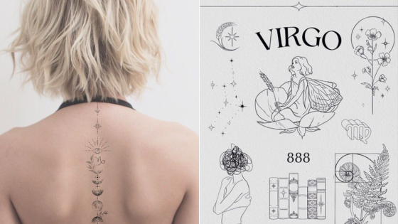 Back tattoo aligned with zodiac and Virgo-themed sketches, featuring constellations and nature designs.