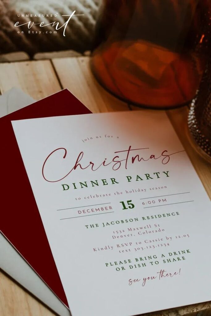 Christmas dinner party invitation with elegant festive design, December 15th, RSVP details, hosted at Jacobson Residence.