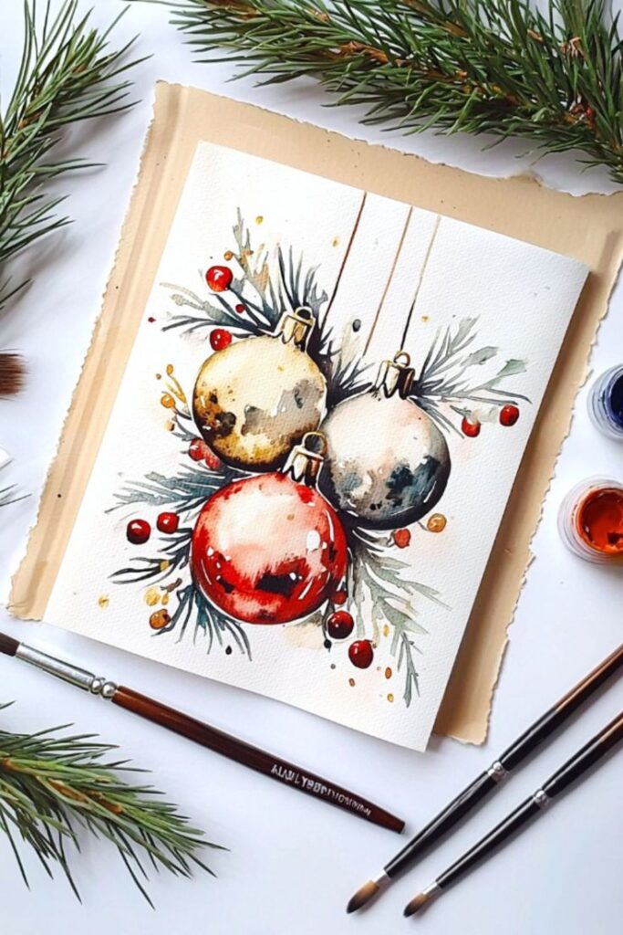 Watercolor painting of Christmas ornaments with pine branches, surrounded by paintbrushes and green sprigs.